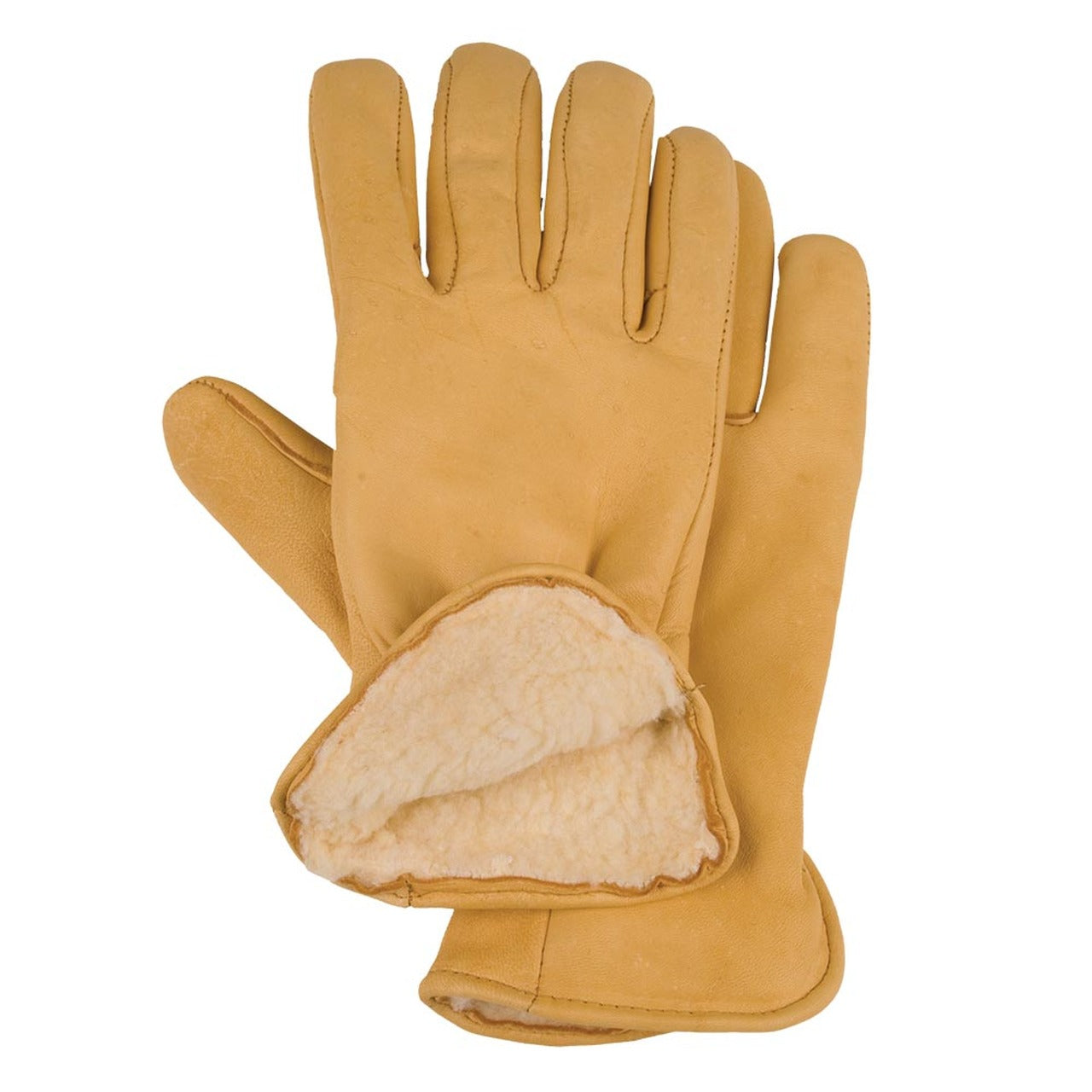 Tan elkskin leather gloves with a warm sherpa lining.
