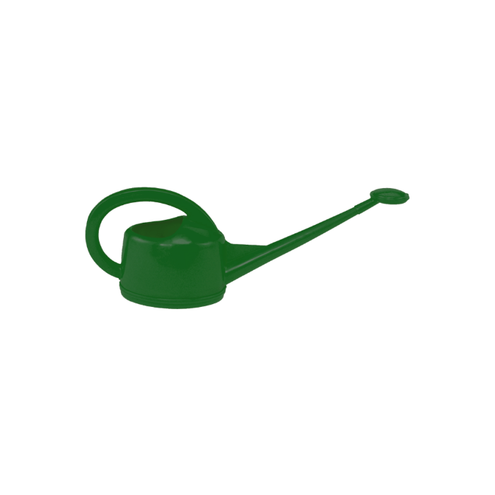 Green plastic watering can, 2-liter capacity, perfect for garden use.
