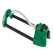 Green oscillating sprinkler with adjustable spray and brass nozzles.
