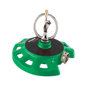 Green plastic spinning sprinkler with a chrome nozzle, ideal for lawn watering.
