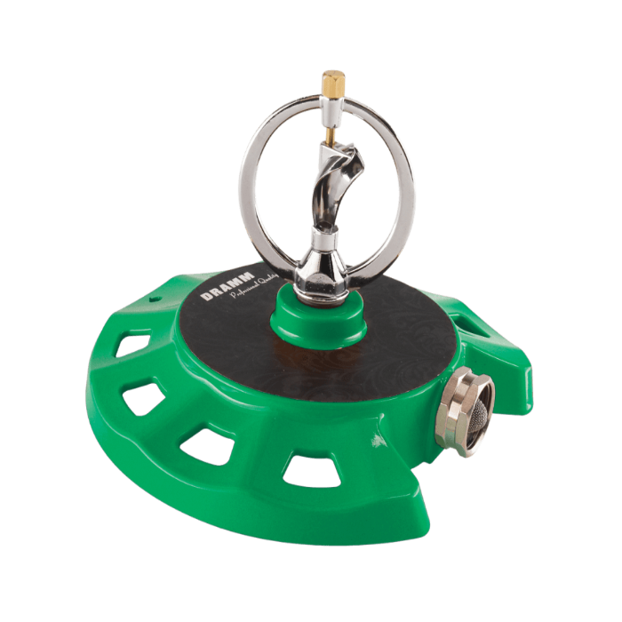 Green plastic spinning sprinkler with a chrome nozzle, ideal for lawn watering.

