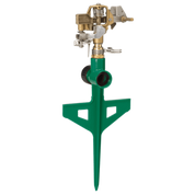 Green circular lawn sprinkler with brass head, ideal for efficient watering.
