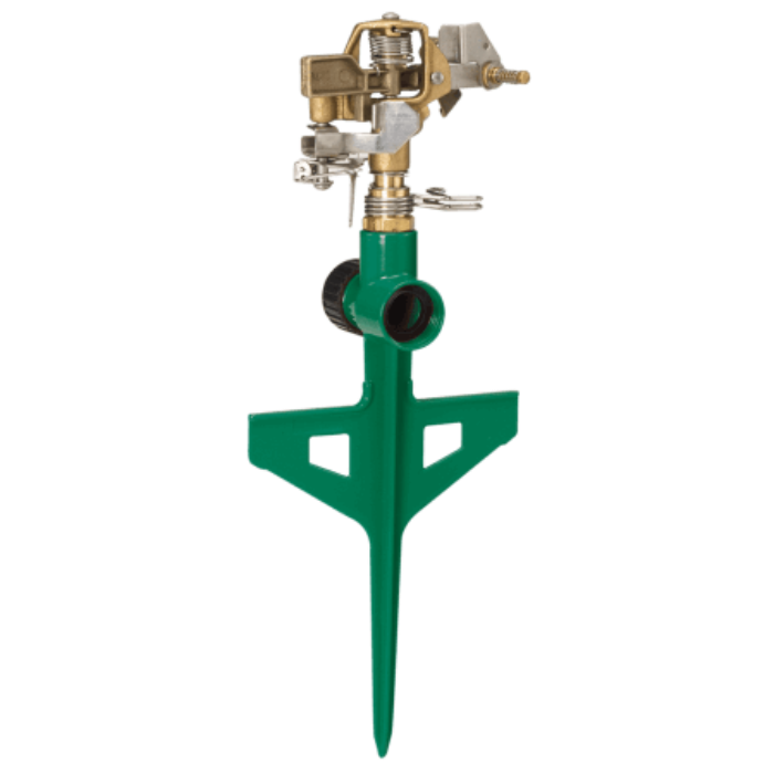 Green circular lawn sprinkler with brass head, ideal for efficient watering.
