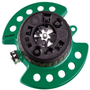 Green metal garden sprinkler with nine spray patterns.
