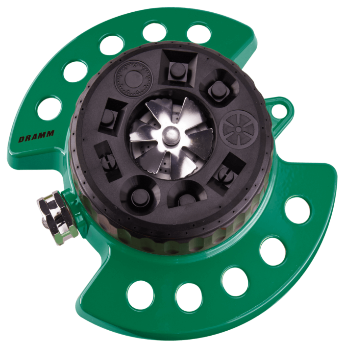 Green metal garden sprinkler with nine spray patterns.
