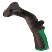 Black and green plastic fan nozzle for watering, ergonomic design.
