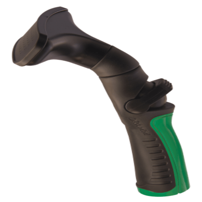 Black and green plastic fan nozzle for watering, ergonomic design.
