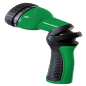 Green and black 9-pattern spray nozzle with ergonomic grip for comfortable watering.
