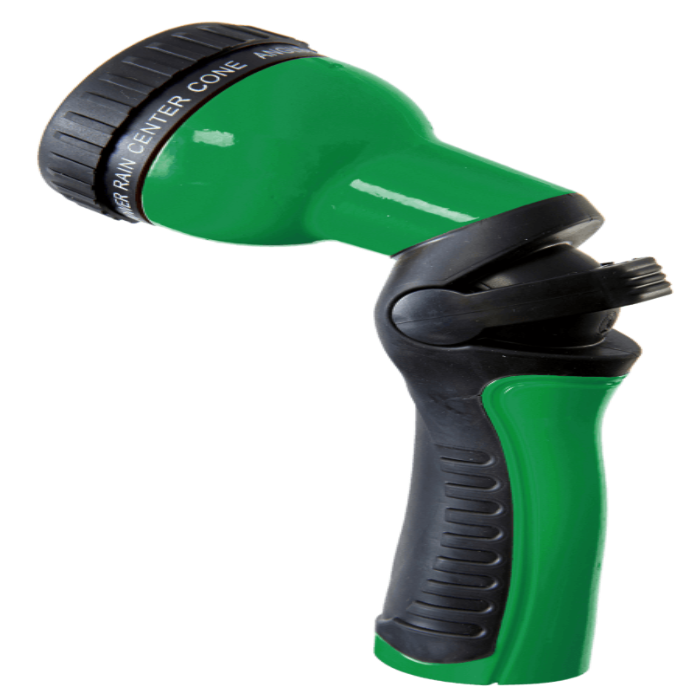 Green and black 9-pattern spray nozzle with ergonomic grip for comfortable watering.
