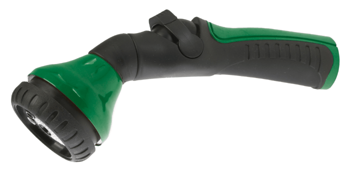 Green and black adjustable garden hose nozzle with ergonomic grip.
