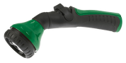 Green and black adjustable garden hose nozzle with ergonomic grip.
