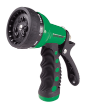 Green and black 9-pattern spray nozzle with ergonomic grip for comfortable watering.
