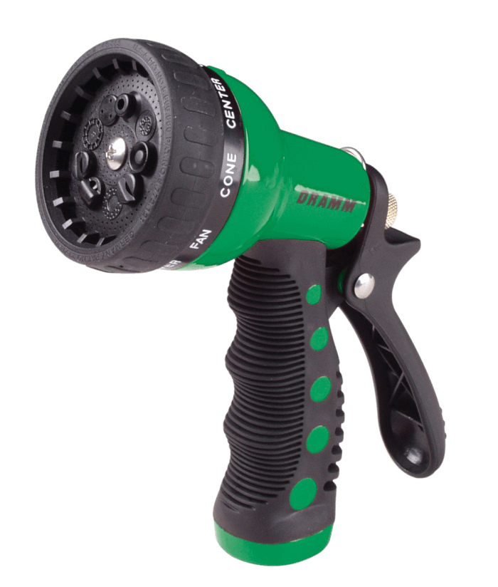 Green and black 9-pattern spray nozzle with ergonomic grip for comfortable watering.
