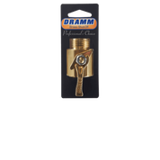 Gold-tone brass shut-off valve with lever handle, displayed on black packaging.
