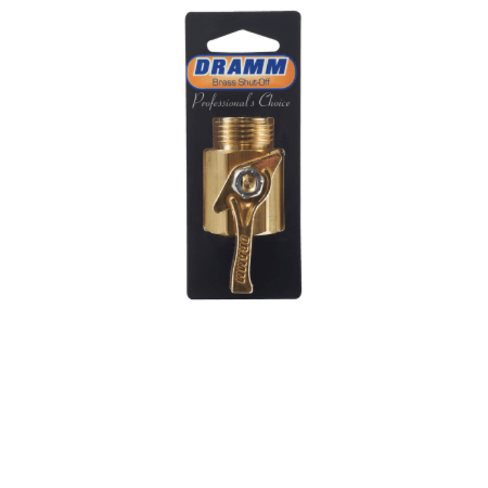 Gold-tone brass shut-off valve with lever handle, displayed on black packaging.
