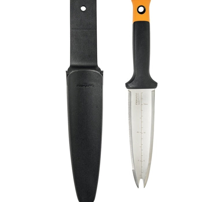 Stainless steel Hori Hori knife with sheath; gardening tool with measurements.
