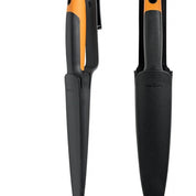 Hori Hori gardening knife with sheath, orange and black handle.

