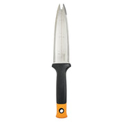 Fiskars Hori Hori Tool: Stainless steel gardening knife with serrated edge and measuring scale, ergonomic handle.
