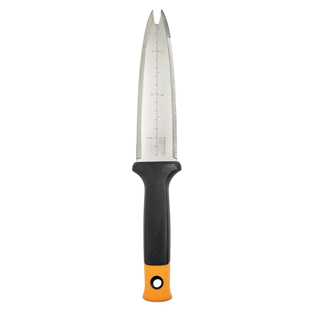 Fiskars Hori Hori Tool: Stainless steel gardening knife with serrated edge and measuring scale, ergonomic handle.
