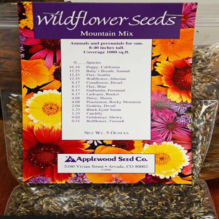 Applewood Seed Co. Mountain Grow Wild 5 oz wildflower seed mix: 1000 sq ft coverage, 8-40" tall annuals & perennials for sun.
