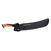 24-inch machete with black blade and orange handle, sheathed in a protective cover.
