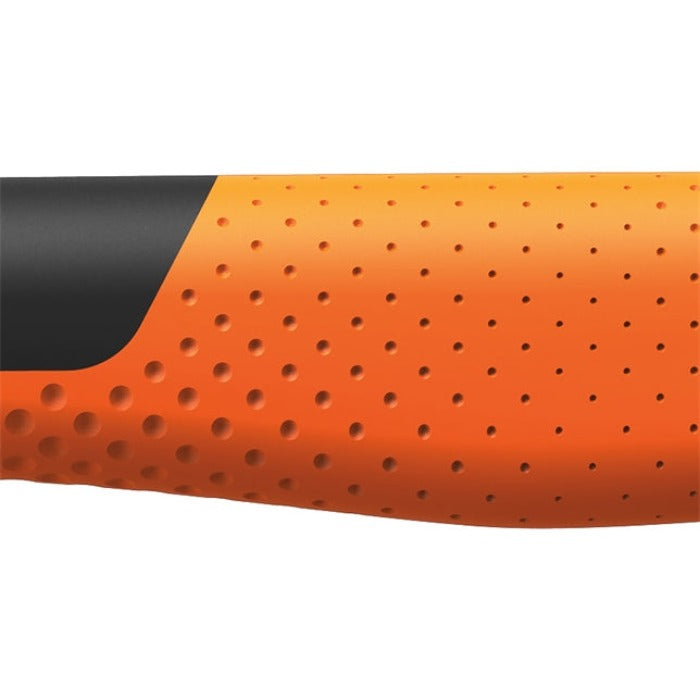 Close-up of an orange and black tool handle with a textured grip.
