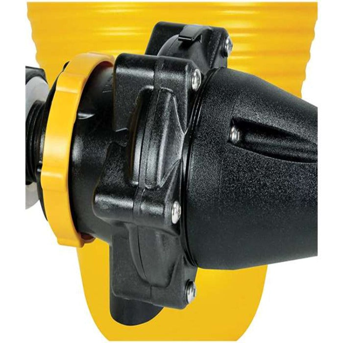 Close-up of a 1-inch black plastic detach valve, showing detail.
