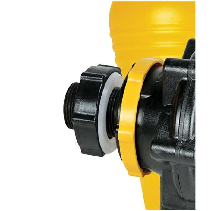 Close-up of a 1-inch detachable valve with a black plastic body and yellow handle.
