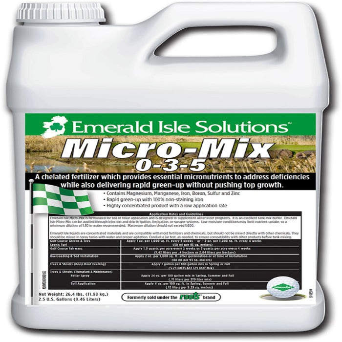 2.5-gallon jug of 0-3-5 micronutrient fertilizer for rapid greening.
