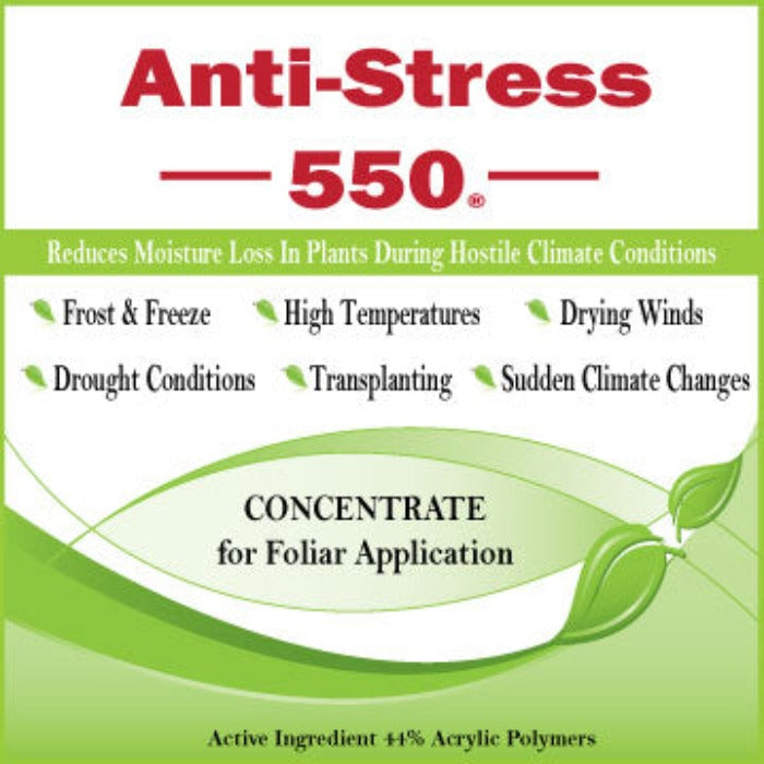 Anti-Stress 550® concentrate reduces plant moisture loss during frost, drought, high temperatures, and transplanting.  44% acrylic polymers.
