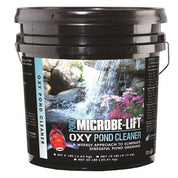 Pond cleaner bucket, showcasing serene waterfall scene; available in 8, 18, & 45 lb sizes.
