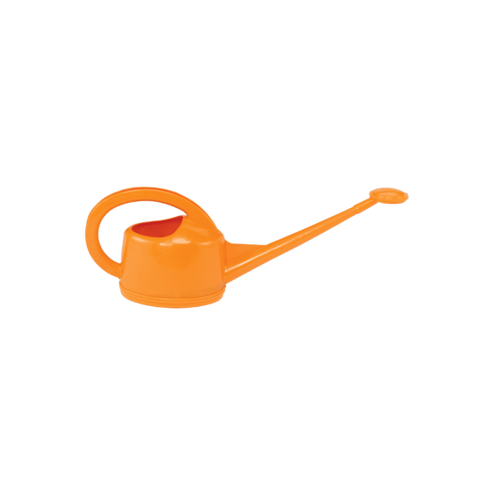 Two-liter orange plastic watering can with a long spout, ideal for gardening.
