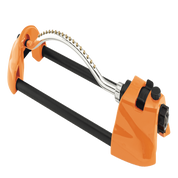Orange oscillating sprinkler with adjustable spray pattern and brass nozzles.
