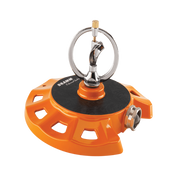 Orange metal spinning sprinkler with chrome accents, for efficient garden watering.
