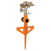 Orange circular sprinkler on a stake, brass water dispersal head.
