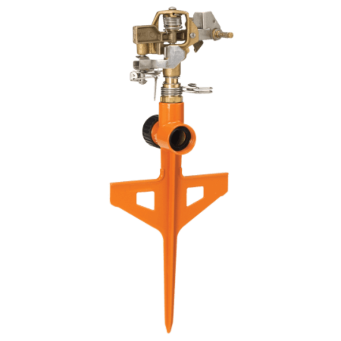 Orange circular sprinkler on a stake, brass water dispersal head.
