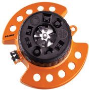 Orange plastic sprinkler head with adjustable spray patterns.
