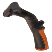 Black and orange plastic fan nozzle with ergonomic grip for comfortable watering.
