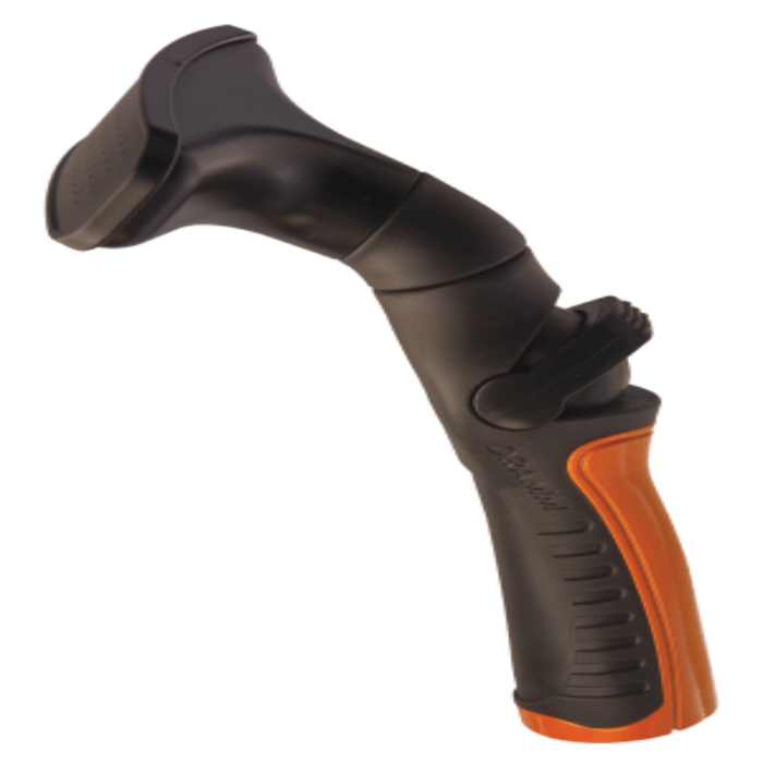 Black and orange plastic fan nozzle with ergonomic grip for comfortable watering.
