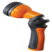 Orange and black 9-pattern spray nozzle with ergonomic grip for comfortable watering.
