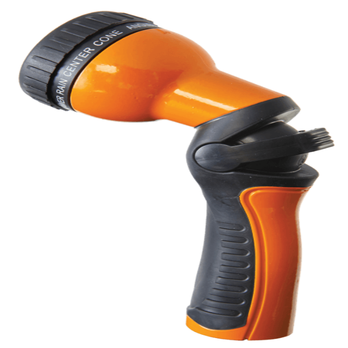 Orange and black 9-pattern spray nozzle with ergonomic grip for comfortable watering.
