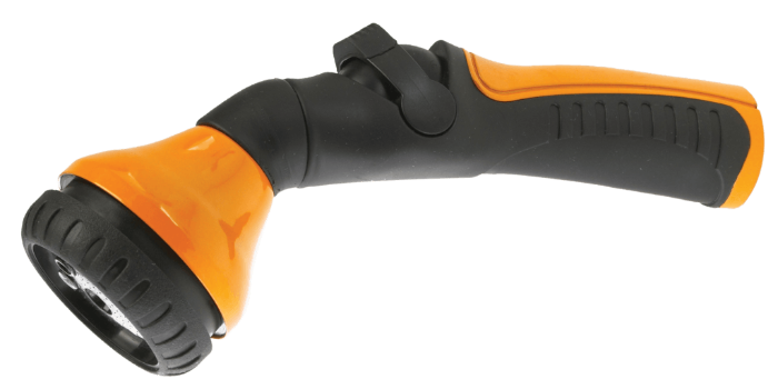 Orange and black garden sprayer nozzle with adjustable spray patterns.
