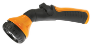 Orange and black garden sprayer nozzle with adjustable spray patterns.
