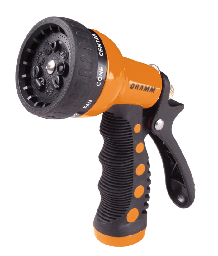 Orange and black 9-pattern spray gun with ergonomic grip, ideal for watering.
