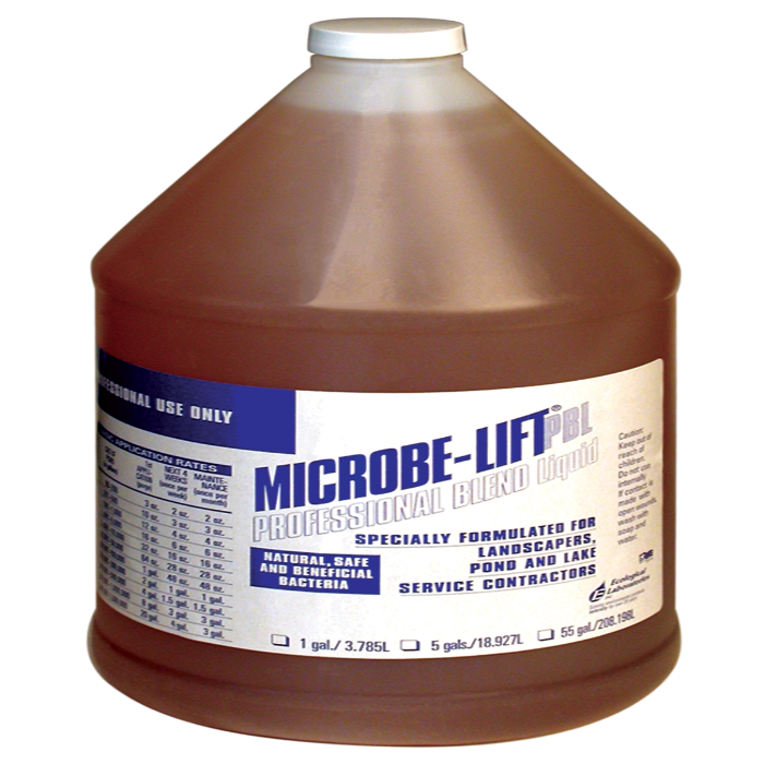 Brown liquid in a gallon jug, labeled for landscaping and pond maintenance.
