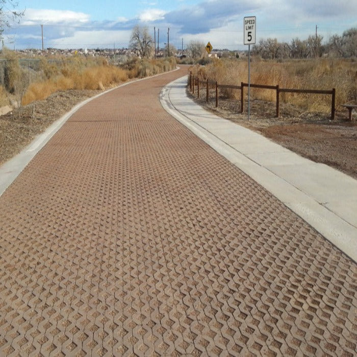 Brown permeable pavement path with textured surface, next to a concrete walkway.
