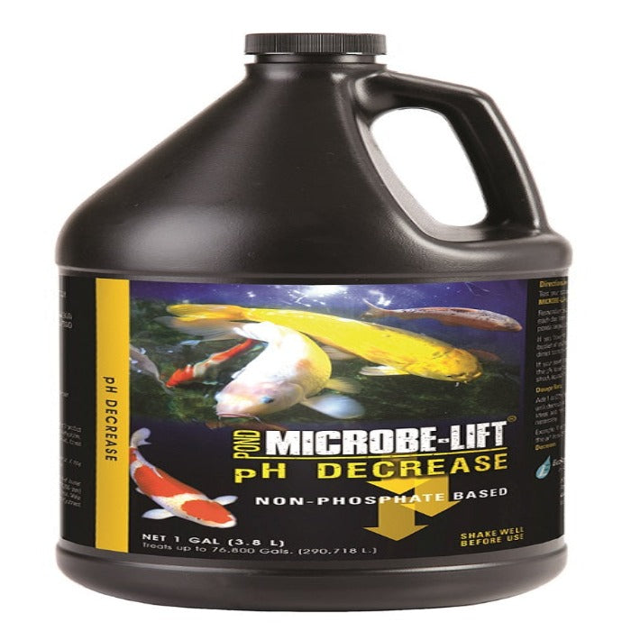 One-gallon jug of pond pH reducer, featuring colorful koi fish on the label.
