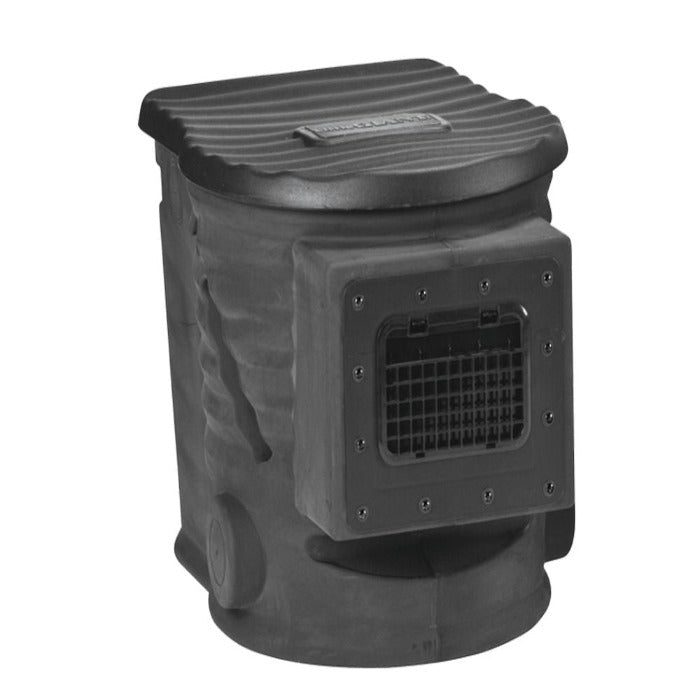 Little Giant Skimmer Vault: Black plastic pond skimmer with removable top and mesh screen.
