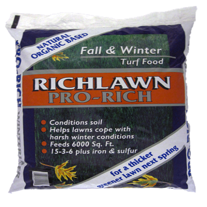 Richlawn Pro-Rich Winterizer 15-3-6: Natural, organic-based turf food for 6000 sq ft. Conditions soil & protects lawns from harsh winter.
