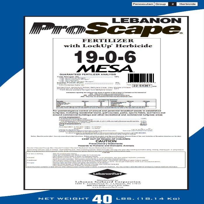 ProScape 19-0-6 MESA Fertilizer with LockUp Herbicide: 40 lbs, controls broadleaf weeds in turfgrass.
